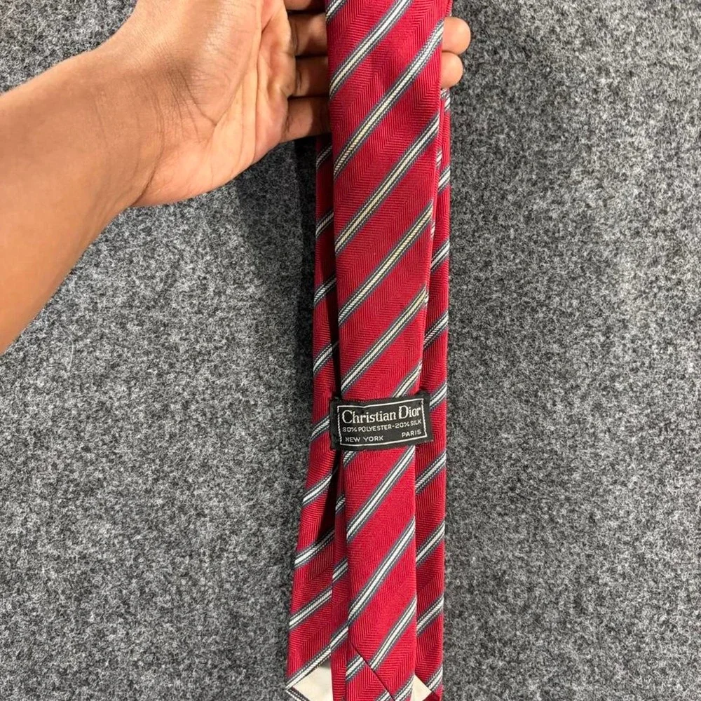 Christian Dior Mens Red Silk Blend Diagonal Striped Necktie Blue White Vintage